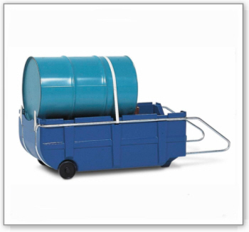 Fasskarre und Auffangwanne FSK-Poly aus Polyethylen, blau, mit Griff und Zurrgurt