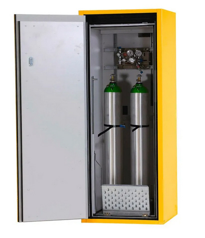 Feuerbeständiger Gasflaschenschrank G90.6-10, 600 mm breit, Türanschlag links, grau/gelb